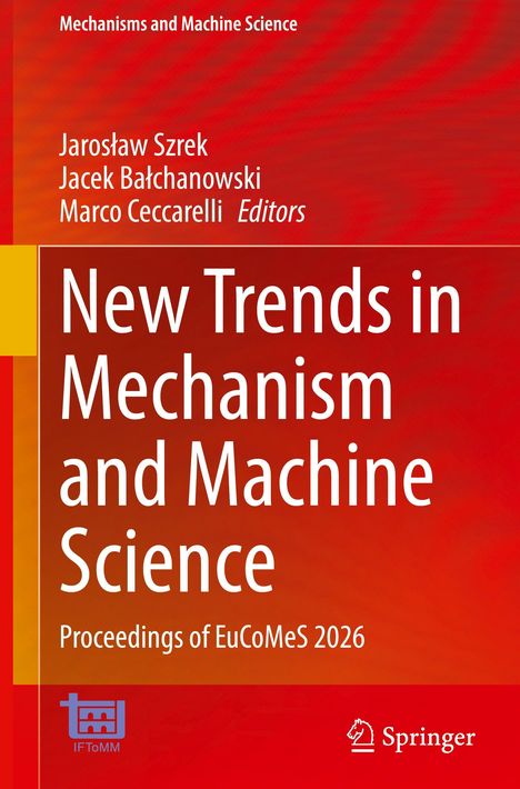 Text: "New Trends in Mechanism and Machine Science", "Proceedings of EuCoMeS 2026", Autoren oben, Verlag unten rechts.