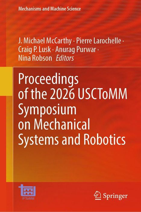 "Proceedings of the 2026 USCToMM Symposium on Mechanical Systems and Robotics" steht in Weiß auf rotem Hintergrund.