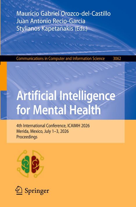 Buchtitel: "Artificial Intelligence for Mental Health". Konferenzdetails: ICAIMH 2026, Mérida, Mexiko, 1.–3. Juli 2026. Springer-Logo.