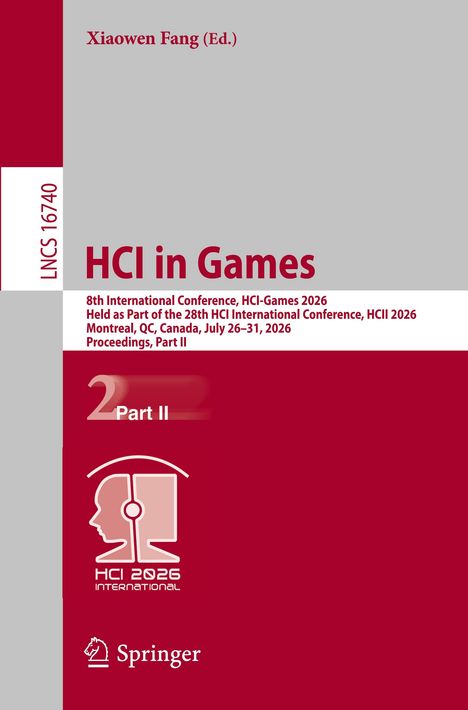 Titel "HCI in Games", Konferenzdetails 2026, roter Hintergrund, Springer-Logo unten, abstrahiertes Kopf-Logo.