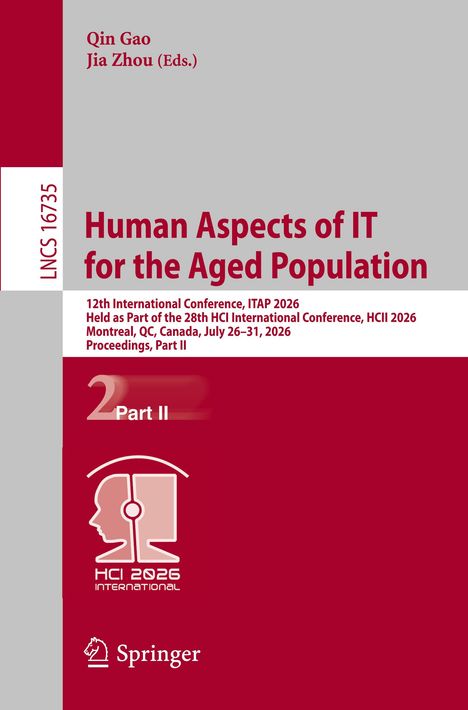 "Human Aspects of IT for the Aged Population", Konferenzdetails, roter Hintergrund, Logo mit Kopfprofil, Springer-Logo.