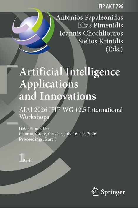 Titel: Artificial Intelligence Applications and Innovations. Logo: Kugel mit farbigen Kurven.