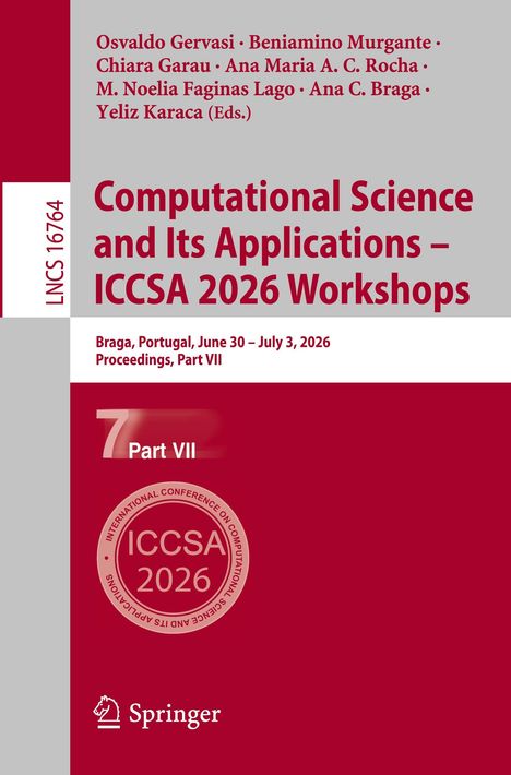 "Computational Science and Its Applications – ICCSA 2026 Workshops", Braga, Portugal, Juni 30 - Juli 3, 2026. Roter Hintergrund.