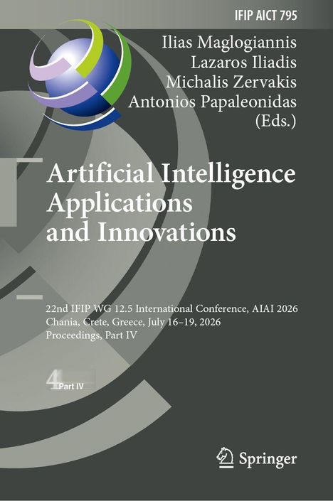 Cover mit buntem Logo, Titel "Artificial Intelligence Applications and Innovations", Herausgebernamen, Springer-Logo.
