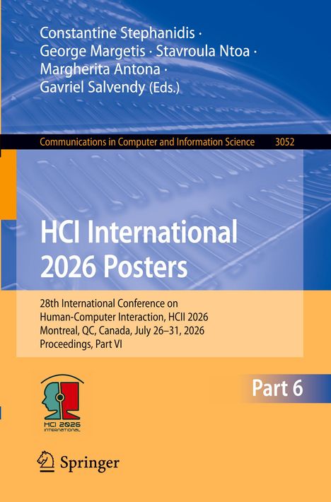 Titel: HCI International 2026 Posters. Konferenz in Montreal, 26.-31. Juli 2026. Darstellung mit blauen und orangen Elementen.