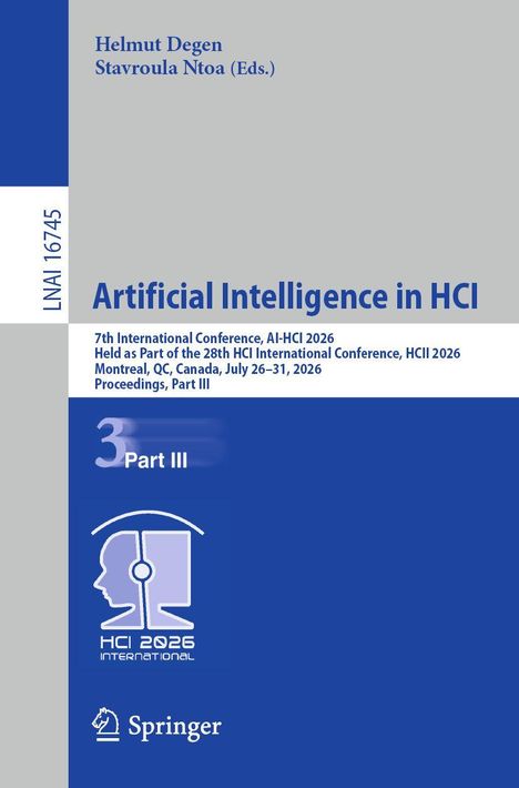 Titel: "Artificial Intelligence in HCI", LNAI 16745, 7th Intl. Conference, AI-HCI 2026, Montreal. Unten Logo mit Mensch-Symbol.