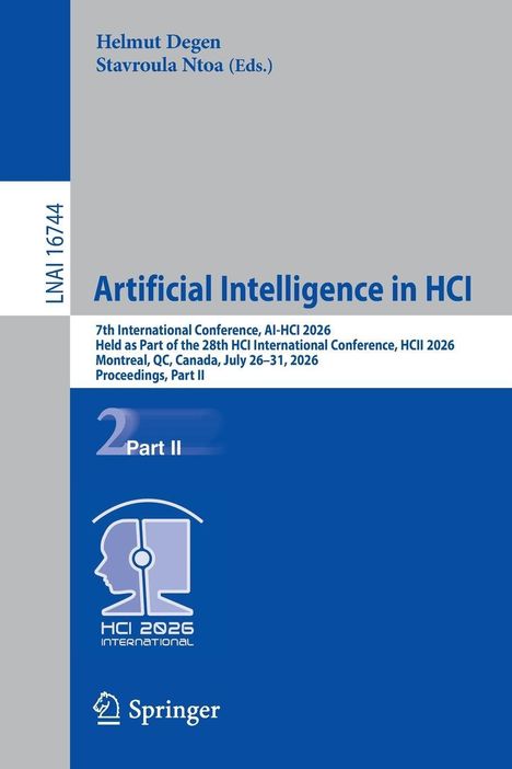 Buchcover: „Artificial Intelligence in HCI“, Konferenz in Montreal 2026, Part II. Logo: Kopf mit Kopfhörer, Springer.