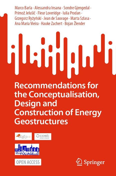 Oben Namen von Autoren, darunter: "Recommendations for the Conceptualisation, Design and Construction of Energy Geostructures". Logos: elgip, COST, FOLIAGE, OPEN ACCESS. Unten rechts Springer-Logo. Hintergrund rot und weiß.