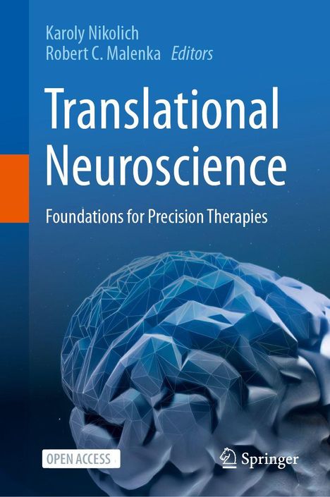 Text: „Translational Neuroscience: Foundations for Precision Therapies“ von Karoly Nikolich, Robert C. Malenka. Gehirn-Illustration.