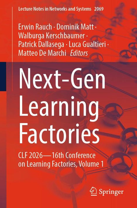 „Next-Gen Learning Factories“, Herausgeber und Konferenzdetails auf rotem Hintergrund mit Molekülstruktur. Springer-Logo.