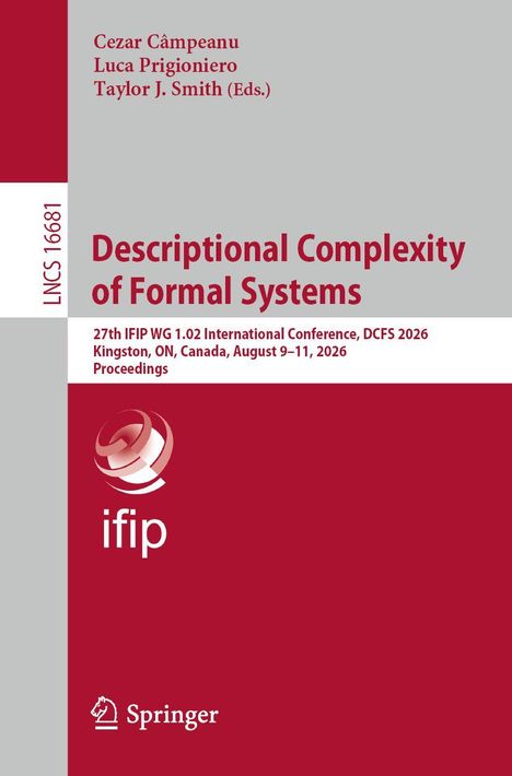 Text: "Descriptional Complexity of Formal Systems" in Rot. Grau-rote Farbgestaltung mit ifip-Logo links.