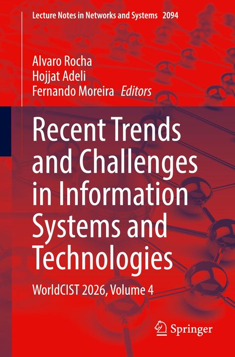 "Recent Trends and Challenges in Information Systems and Technologies. WorldCIST 2026, Volume 4. Rotes Cover mit Netzwerk-Hintergrund."