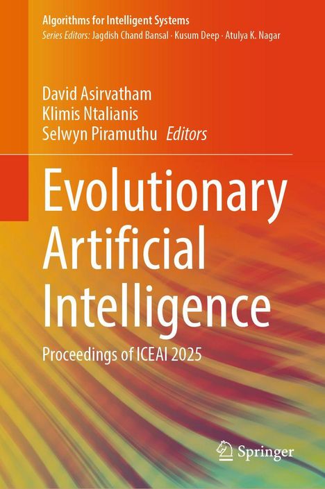 Text oben: "Algorithms for Intelligent Systems". Titel: "Evolutionary Artificial Intelligence". Hintergrund: Farbverlauf.