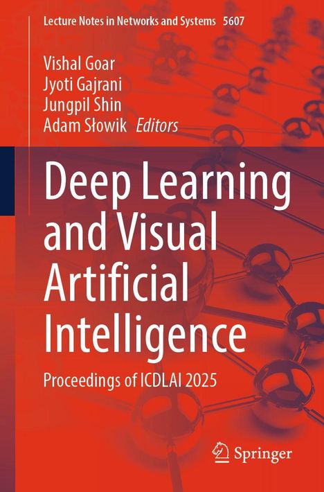 Text: "Deep Learning and Visual Artificial Intelligence: Proceedings of ICDLAI 2025." Rote und schwarze Molekülstruktur im Hintergrund.