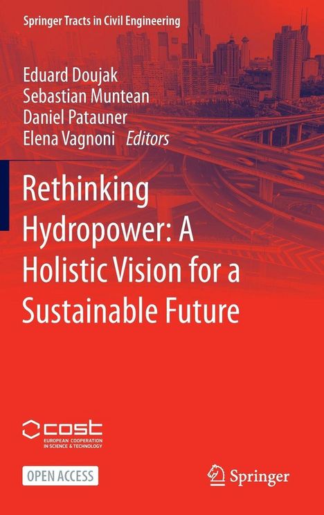 Titel: "Rethinking Hydropower: A Holistic Vision for a Sustainable Future". Rote Skyline Illustration, Logos unten.