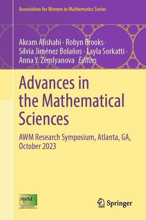 "Advances in the Mathematical Sciences", Symposium 2023, mit AWM-Logo und Springer-Logo in einem violett-gelben Design.