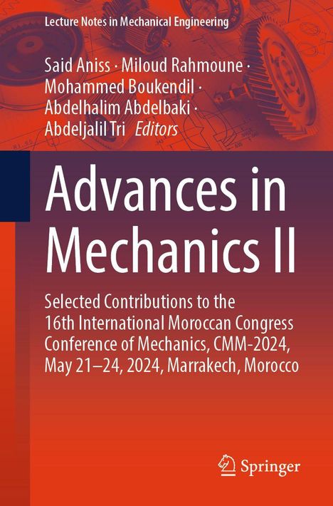 "Advances in Mechanics II" von Said Aniss und anderen. Zahnrad-Illustration im Hintergrund, Springer-Logo unten.