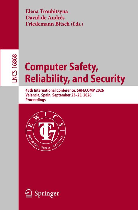 Computer Safety, Reliability, and Security, SAFECOMP 2026, Valencia. Rotes Logo mit "EWICS" und Springer-Logo unten.