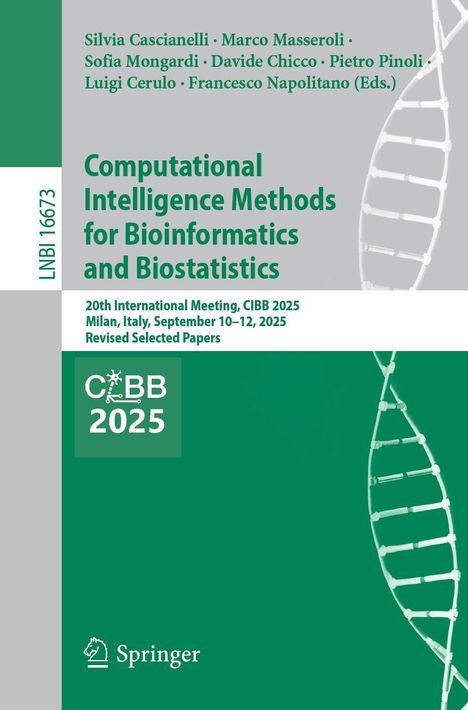 "Computational Intelligence Methods for Bioinformatics and Biostatistics", grüne Buchabdeckung mit DNA-Strang und CIBB 2025 Logo.