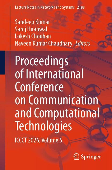 Text: "Proceedings of International Conference on Communication and Computational Technologies. ICCCT 2026, Volume 5." Hintergrund grafische Molekülstruktur in Rot-Orange. Springer-Logo unten.