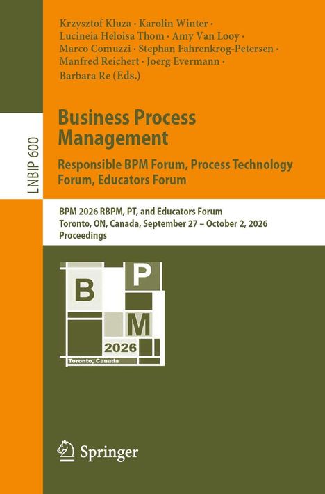 Buchtitel "Business Process Management" mit Konferenzdetails und abstraktes BPM-2026-Logo in Grün und Orange.