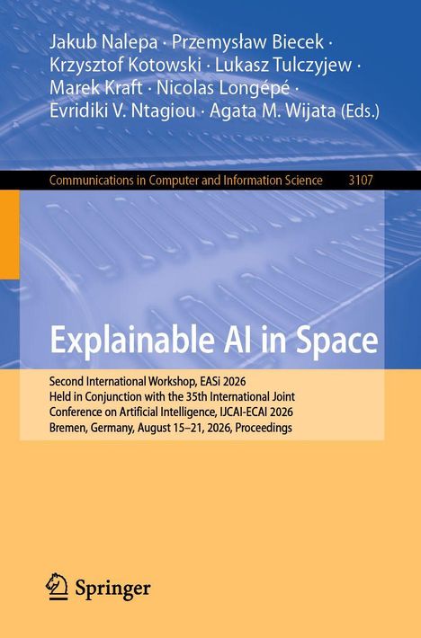 "Explainable AI in Space" steht im Mittelpunkt. Akademische Aufmachung mit blauer und gelber Farbgebung.
