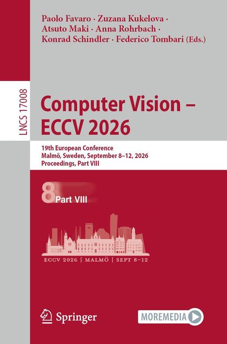 Computer Vision – ECCV 2026. 19th Conference, Malmö, Sweden. Skyline von Gebäuden, roter Hintergrund. Springer Logo.