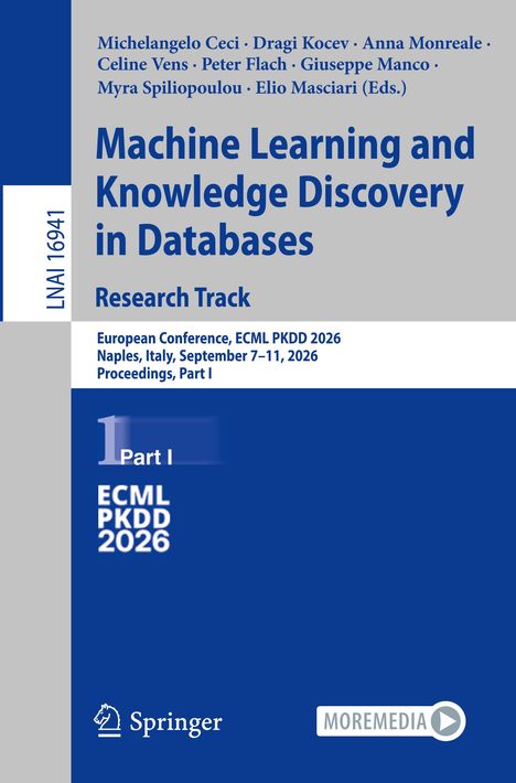 Auf grauem Hintergrund: Titel "Machine Learning and Knowledge Discovery in Databases", europäische Konferenzdetails.