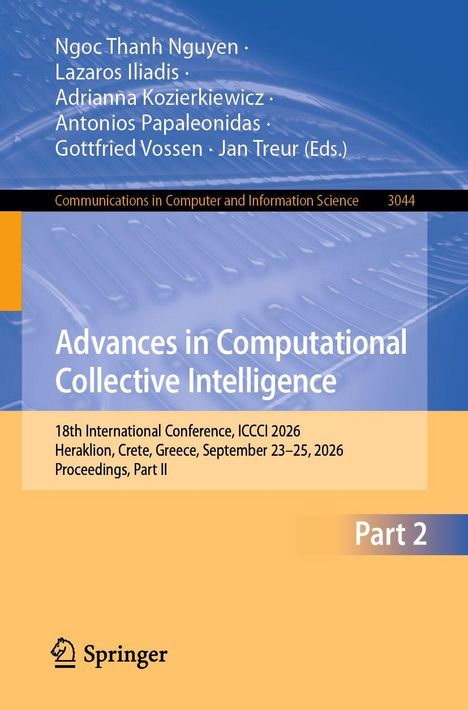 Buchtitel: "Advances in Computational Collective Intelligence". Herausgeber: Nguyen, Iliadis, Kozierkiewicz. Buchcover in Blau-Orange.