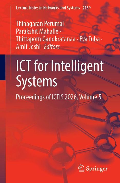 „ICT for Intelligent Systems, Proceedings of ICTIS 2026, Volume 5“ auf rotem Hintergrund, mit vernetzten Kugeln.