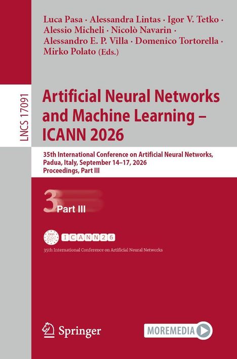 \"Artificial Neural Networks and Machine Learning – ICANN 2026\" in großen roten Buchstaben auf grauem Hintergrund. Springer-Logo unten.