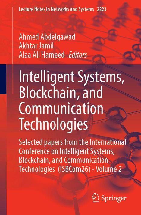 Text: "Intelligent Systems, Blockchain, and Communication Technologies." Rote und dunkelblaue Tönen mit Molekülstruktur.