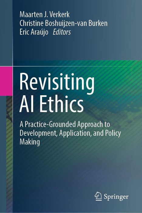 "Revisiting AI Ethics", ein Buchcover mit Autoren, Untertitel und Springer-Logo. Hintergrund in Blautönen.