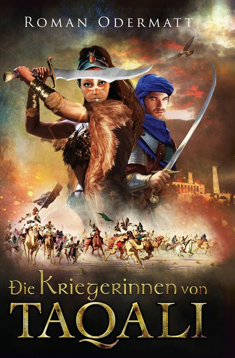 Oben: "Roman Odermatt". Unten: "Die Kriegerinnen von Taqali". Illustration von Kämpfern mit Schwertern und Reitern.