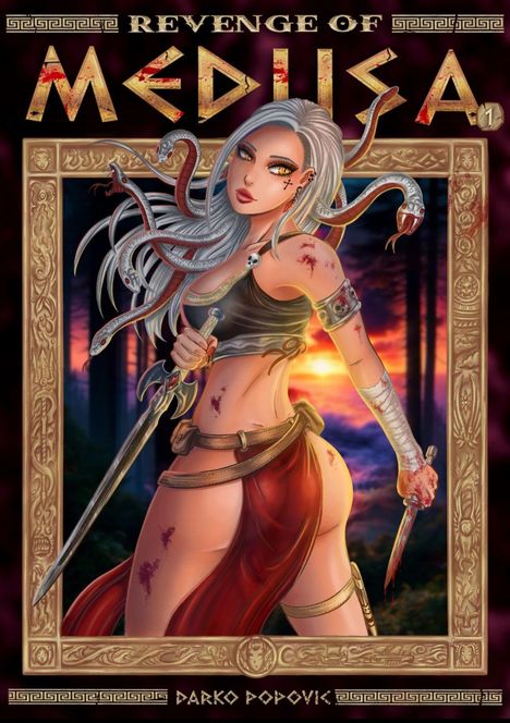 "REVENGE OF MEDUSA" und "DARKO POPOVIC". Illustration einer kämpferischen, mit Schlangenhaar und Schwert bewaffneten Frau.