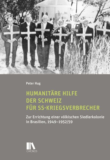 "Humanitäre Hilfe der Schweiz für SS-Kriegsverbrecher" steht auf einem Buchcover. Im Hintergrund alte Männer mit Kreuzen.