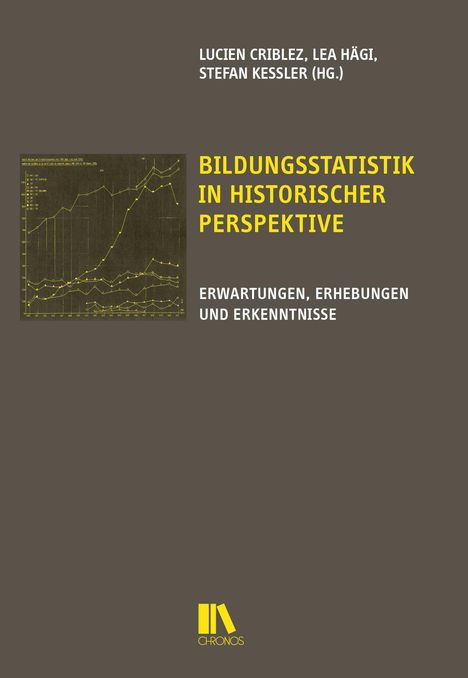 Text: "Bildungsstatistik in historischer Perspektive. Erwartungen, Erhebungen und Erkenntnisse." Graues Cover, gelber Text, Diagramm links.