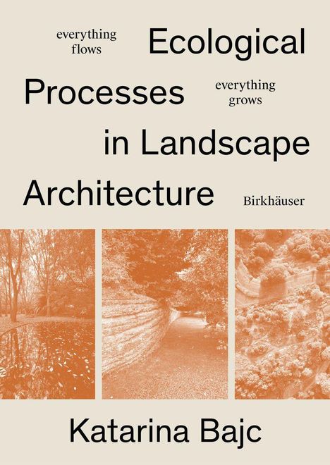 Text: "Ecological Processes in Landscape Architecture, Katarina Bajc, everything flows, everything grows, Birkhäuser."  
Drei orangefarbene Naturfotos.