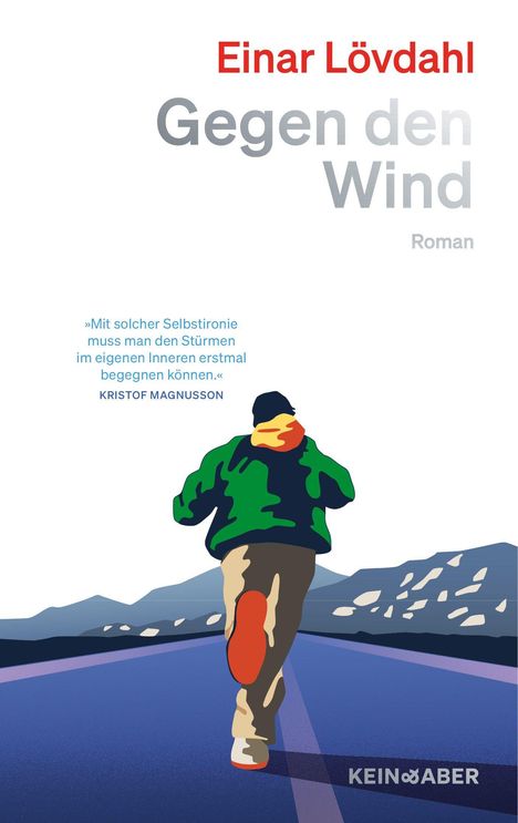 Oben: "Einar Lövdahl Gegen den Wind Roman". Darunter Illustration: Person rennt auf Straße, Berge im Hintergrund.