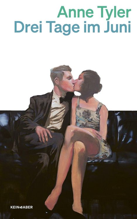 „Anne Tyler, Drei Tage im Juni“ oben. Illustration: Ein Paar sitzt auf einem Sofa und küsst sich.