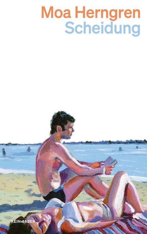 Text: "Moa Herngren Scheidung".  
Illustration: Zwei Personen entspannen am Strand, eine sitzt, die andere liegt.