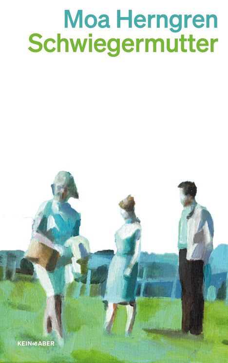 "Moa Herngren Schwiegermutter" in blau und grün. Illustration von Menschen in einem Feld mit verschwommenen Konturen.