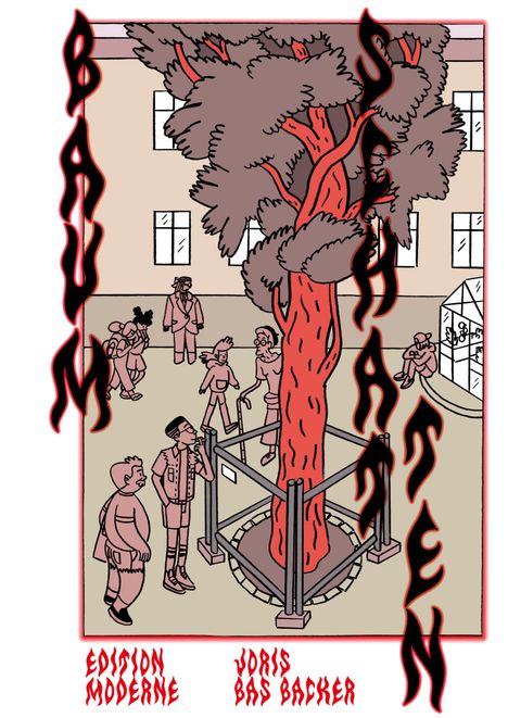 "Baum Schatten" in gotischer Schrift. Menschen betrachten einen Baum in einem Innenhof. Darunter "Edition Moderne" und "Joris Bas Backer."