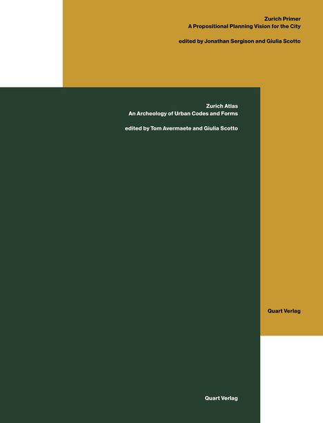 "Zurich Atlas" und "Zurich Primer", bearbeitet von verschiedenen Personen. Beide Titel mit "Quart Verlag". Minimalistisches Design.