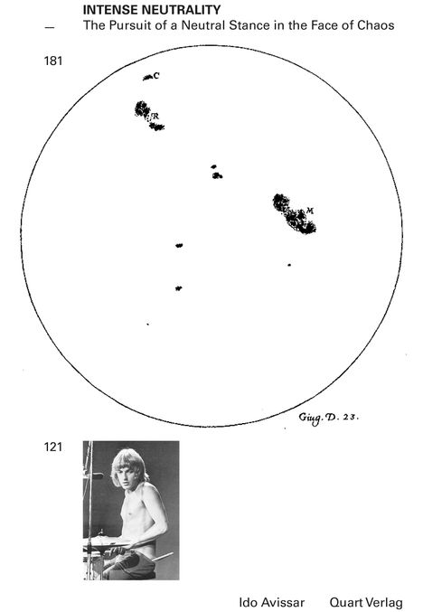 "INTENSE NEUTRALITY – The Pursuit of a Neutral Stance in the Face of Chaos." Oben: Sonnenflecken-Illustration. Unten: Trommler.