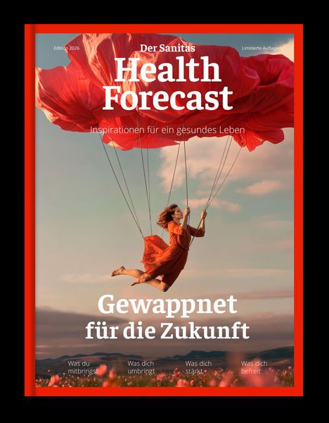 Texte: "Der Sanitas Health Forecast", "Gewappnet für die Zukunft", "Inspirationen für ein gesundes Leben". Frau schwingt.