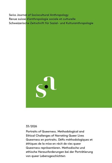 "Swiss Journal of Sociocultural Anthropology" in drei Sprachen. Unten: Titel zu queeren Lebensgeschichten. Links: Logo "s.a".