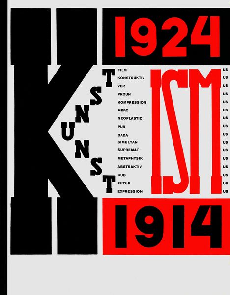 Große schwarze Buchstaben "KUNST" und "ISMUS", rote Zahlen "1924" und "1914", vertikale Begriffe wie FILM, DADA.