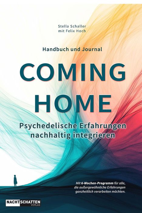 "COMING HOME: Psychedelische Erfahrungen nachhaltig integrieren", abstrakte farbige Linien, kleine Figur unten links.
