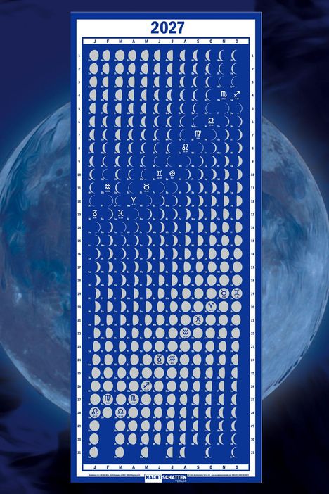 Kalender für 2027, Mondphasen und Tierkreiszeichen auf blauem Hintergrund, Label: "NACHTSCHATTEN VERLAG".
